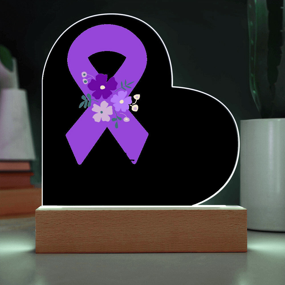 Pancreatic Cancer Warrior Acrylic Heart Plaque Sign | LED Base | Acrylic Night Light | Light Up Sign | Purple Awareness Ribbon