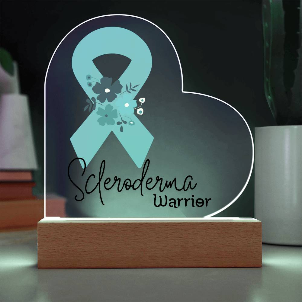 Scleroderma Warrior Acrylic Heart Plaque Sign | LED Base | Acrylic Night Light | Light Up Sign | Teal Awareness Ribbon
