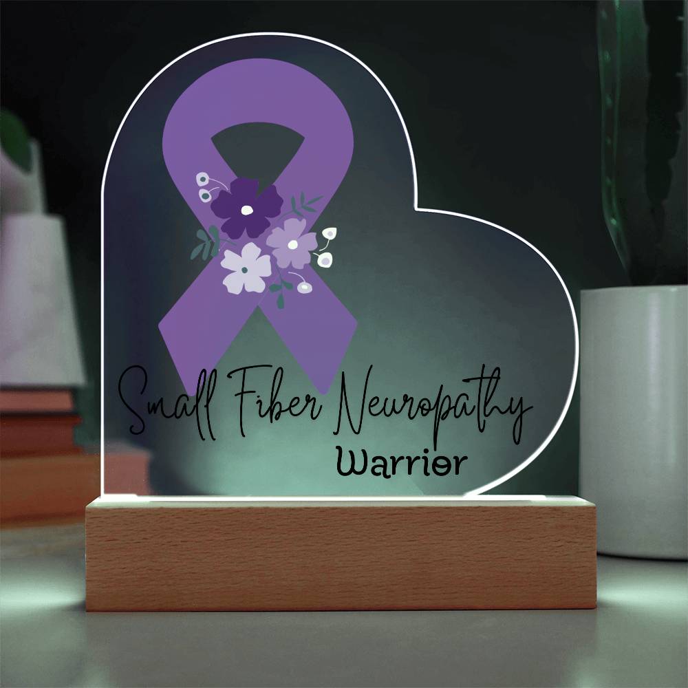 Small Fiber Neuropathy Warrior Acrylic Heart Plaque Sign | LED Base | Acrylic Night Light | Light Up Sign | Purple Awareness Ribbon