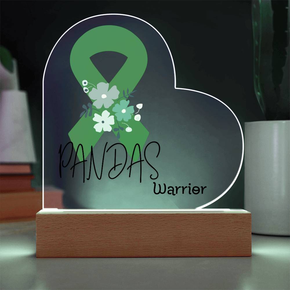 PANDAS Warrior Acrylic Heart Plaque Sign | LED Base | Acrylic Night Light | Light Up Sign | Green Awareness Ribbon