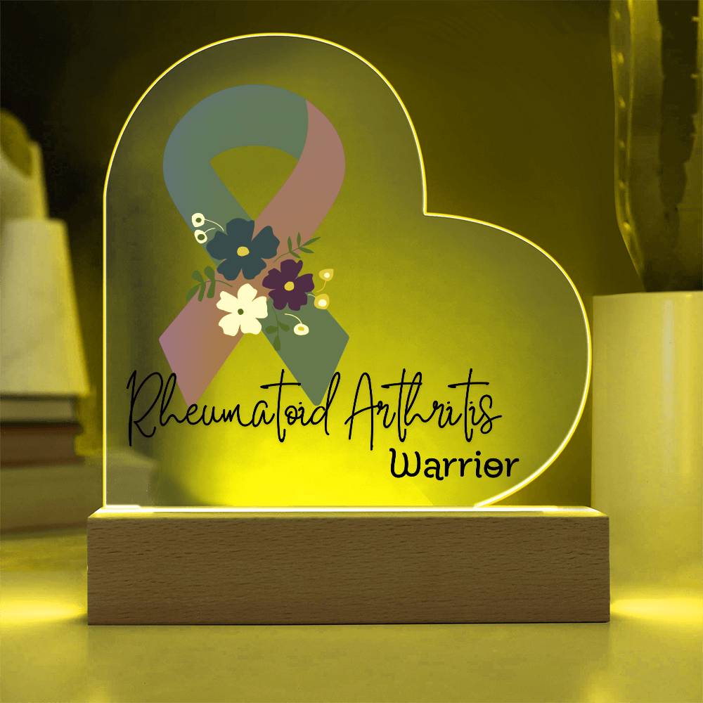 Rheumatoid Arthritis Warrior Acrylic Heart Plaque Sign | LED Base | Acrylic Night Light | Light Up Sign | Blue & Purple Awareness Ribbon