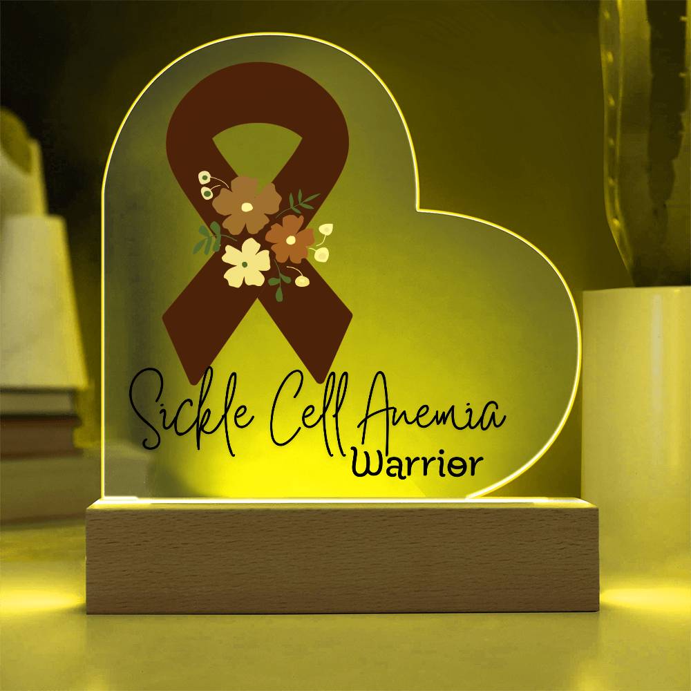 Sickle Cell Anemia Warrior Acrylic Heart Plaque Sign | LED Base | Acrylic Night Light | Light Up Sign | Burgundy Awareness Ribbon