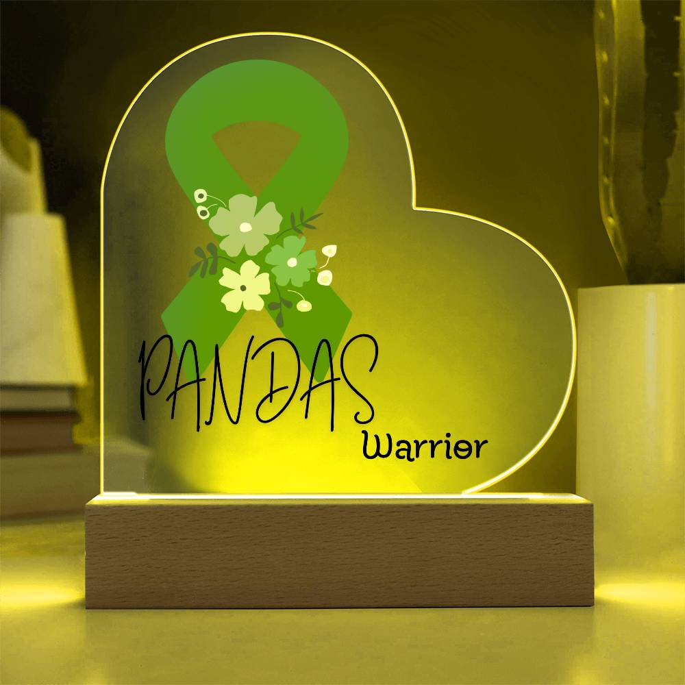 PANDAS Warrior Acrylic Heart Plaque Sign | LED Base | Acrylic Night Light | Light Up Sign | Green Awareness Ribbon