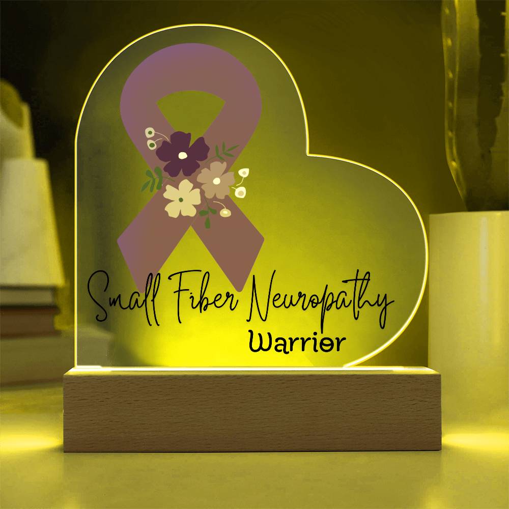 Small Fiber Neuropathy Warrior Acrylic Heart Plaque Sign | LED Base | Acrylic Night Light | Light Up Sign | Purple Awareness Ribbon