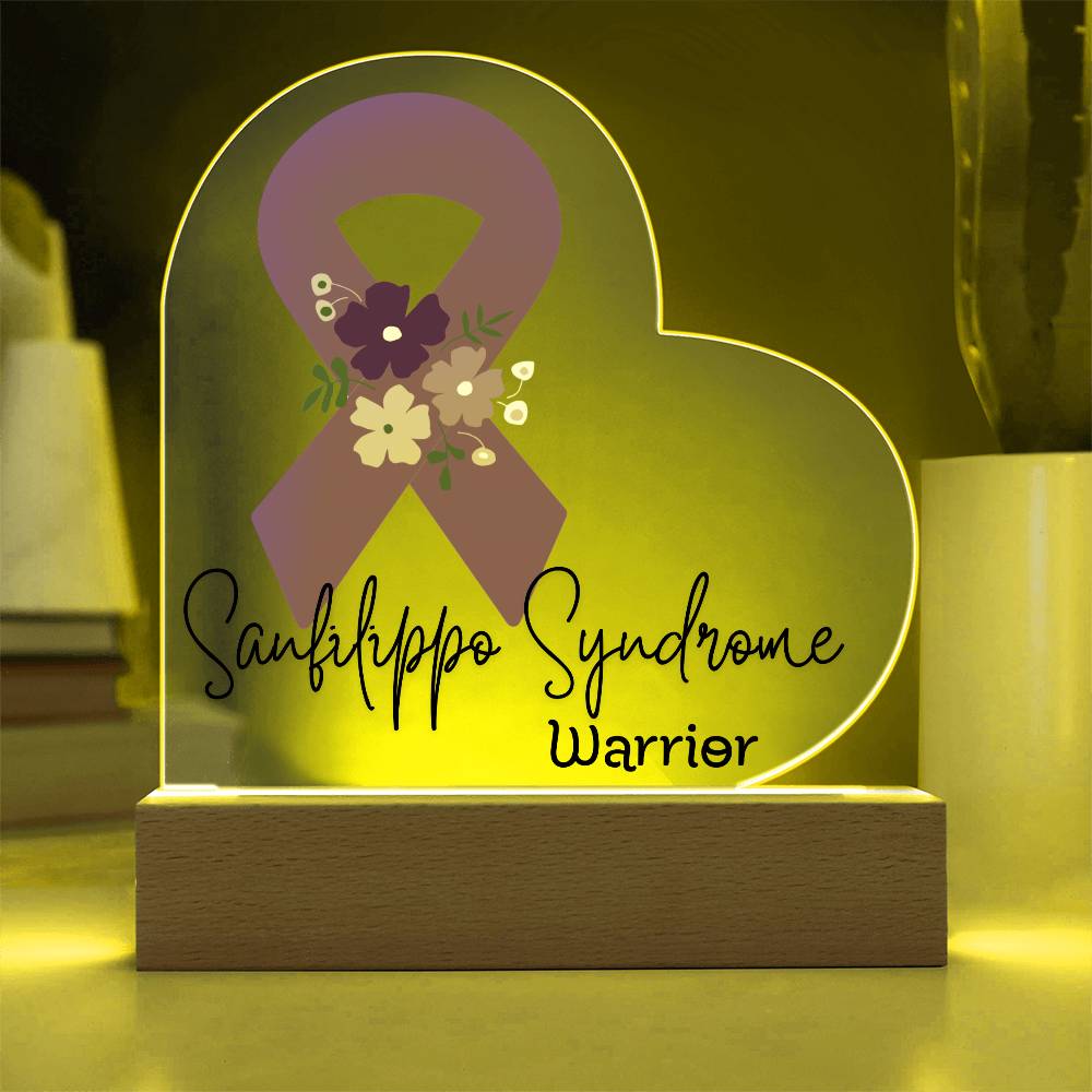 Sanfilippo Syndrome Warrior Acrylic Heart Plaque Sign | LED Base | Acrylic Night Light | Light Up Sign | Purple Awareness Ribbon