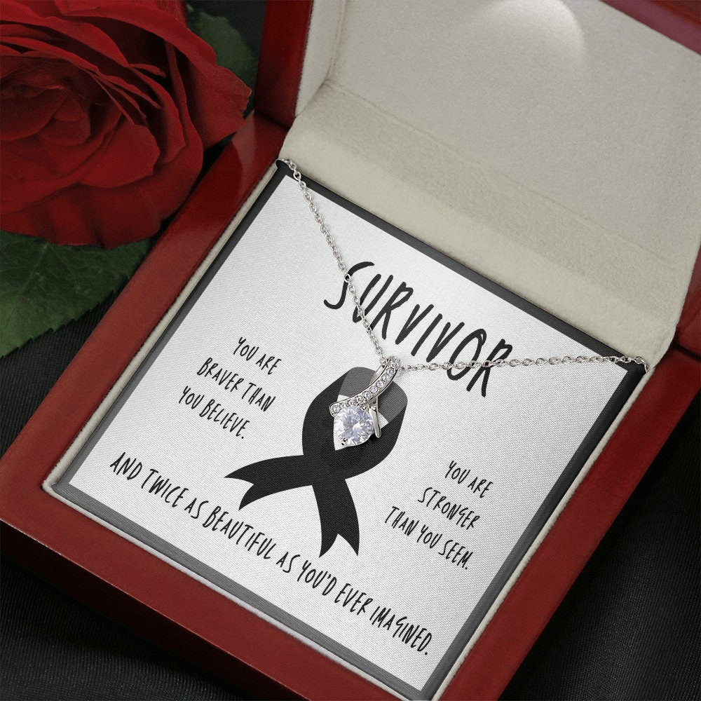 Melanoma Cancer Survivor Ribbon Pendant Necklace Gift