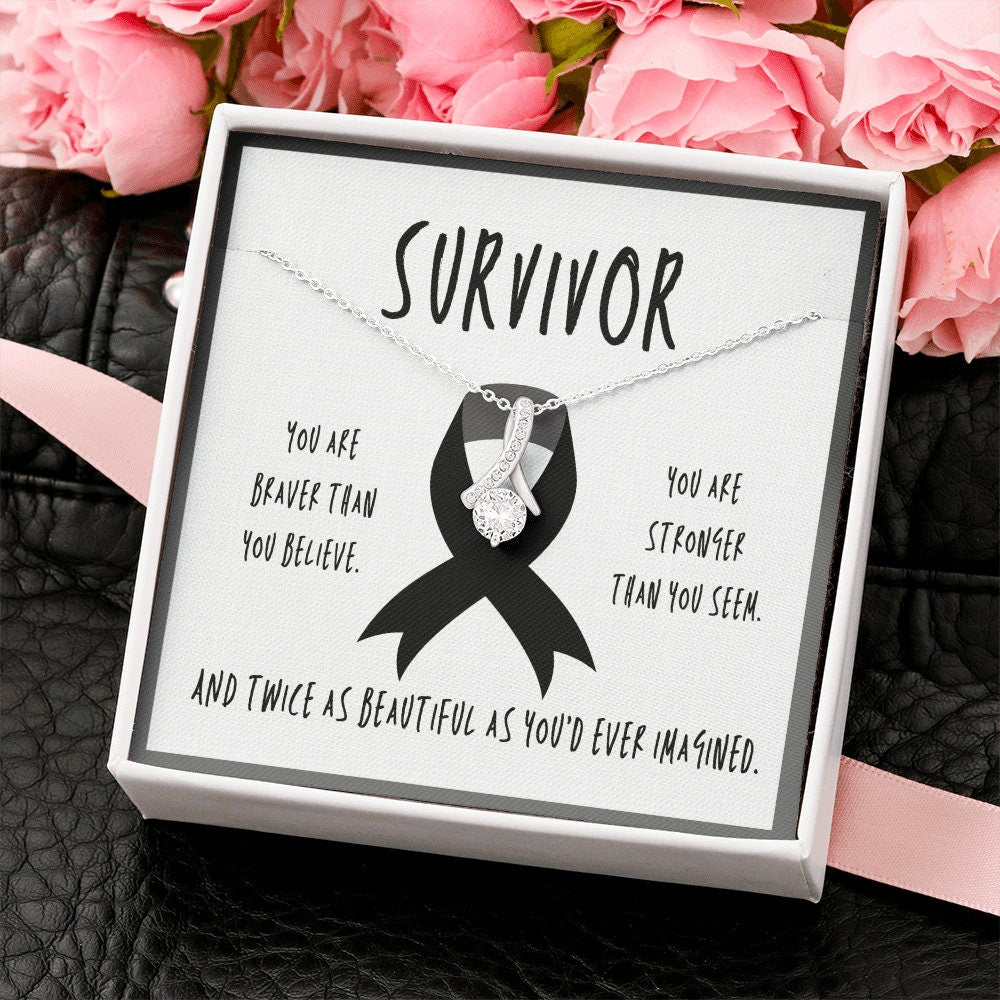 Melanoma Cancer Survivor Ribbon Pendant Necklace Gift