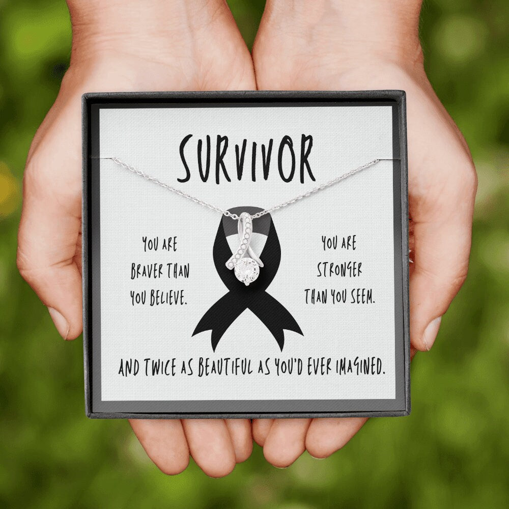 Melanoma Cancer Survivor Ribbon Pendant Necklace Gift