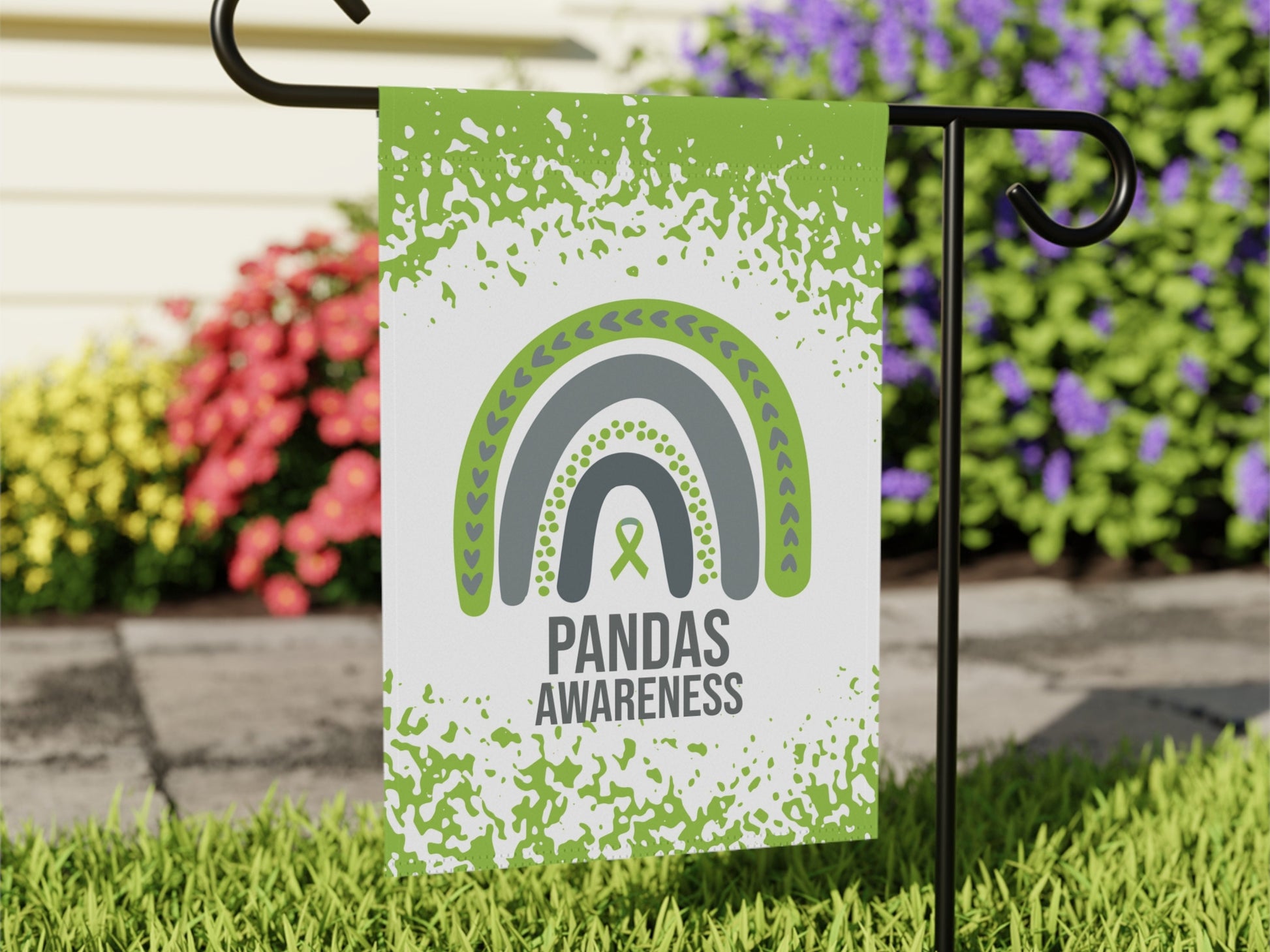 PANDAS Awareness Garden Flag | Welcome Sign | New Home | Decorative House Banner | Lime green Awareness Ribbon | Rare Disease Support