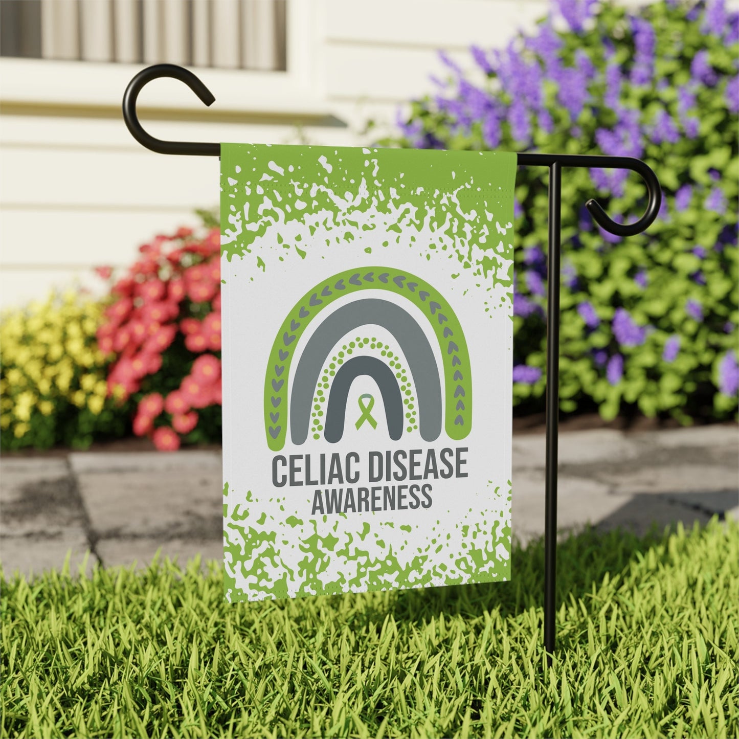 Celiac Disease Awareness Garden Flag | Welcome Sign | New Home | Decorative House Banner | Lime Green Awareness Ribbon | Rare Disease
