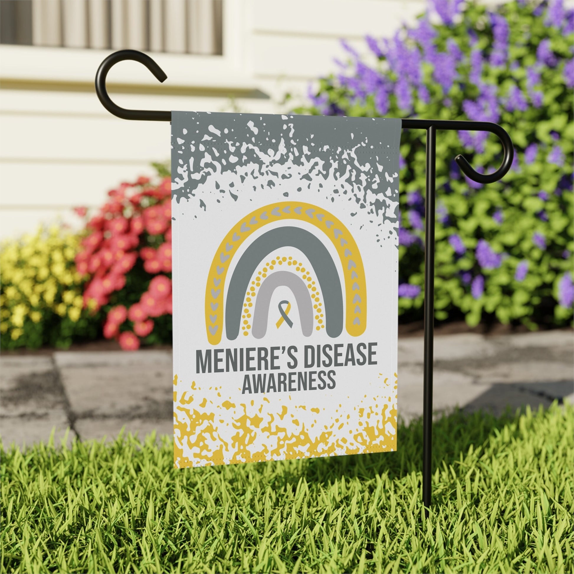 Menieres Disease Awareness Garden Flag | Welcome Sign | New Home | Decorative House Banner | Gold and Silver Awareness Ribbon | Support