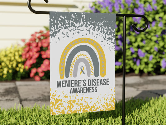 Menieres Disease Awareness Garden Flag | Welcome Sign | New Home | Decorative House Banner | Gold and Silver Awareness Ribbon | Support