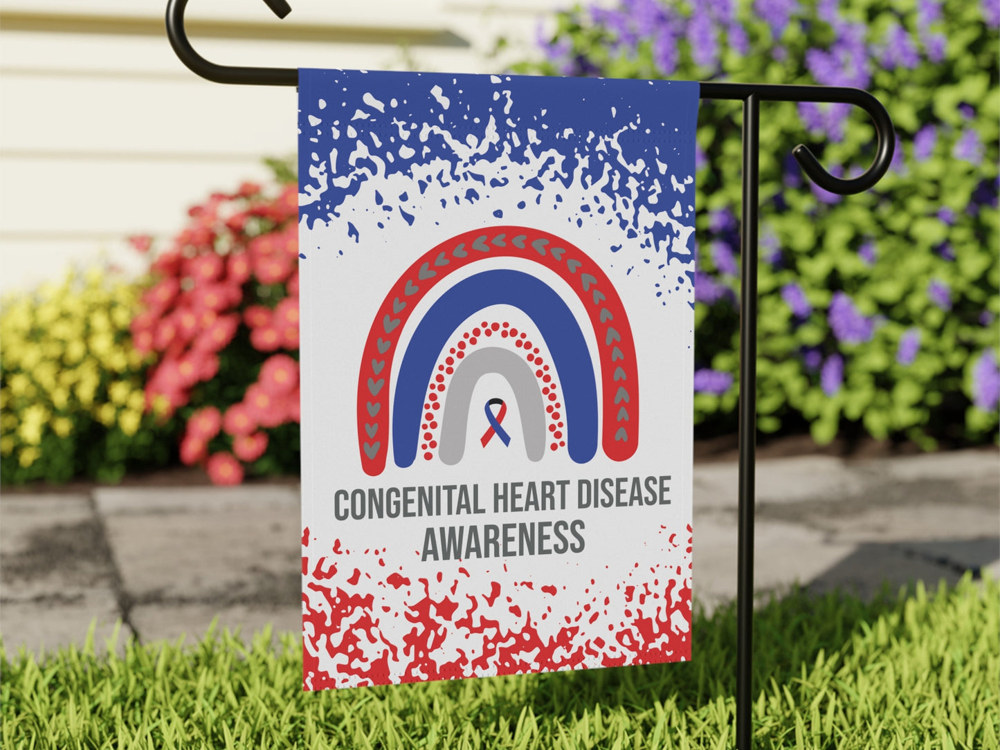 Congenital Heart Disease Awareness Garden Flag | Welcome Sign | New Home | Decorative House Banner | Red and Blue Awareness Ribbon | CHD