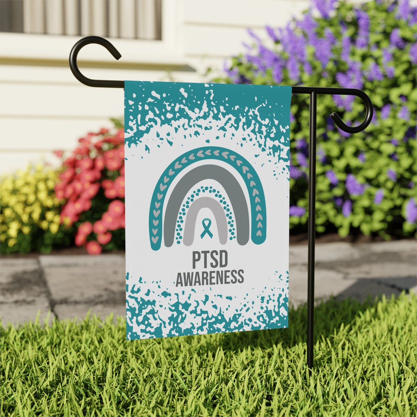 PTSD Awareness Garden Flag | Welcome Sign | New Home | Decorative House Banner | Teal Awareness Ribbon | Support