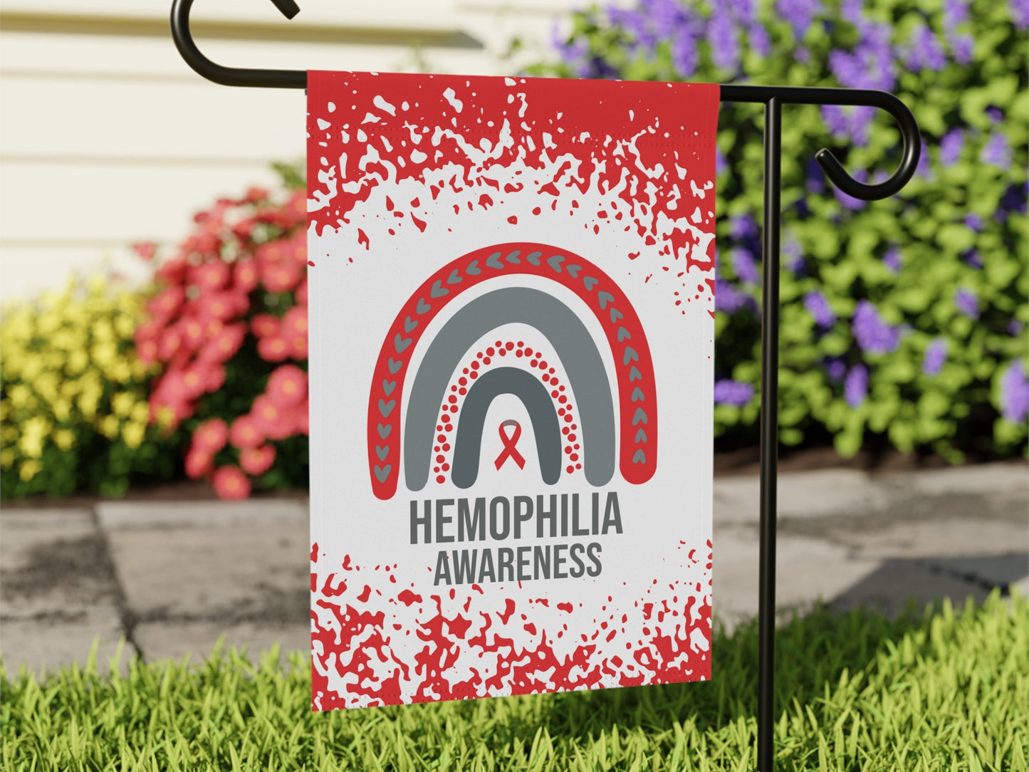 Hemophilia Awareness Garden Flag | Welcome Sign | New Home | Decorative House Banner | Red Awareness Ribbon | Support