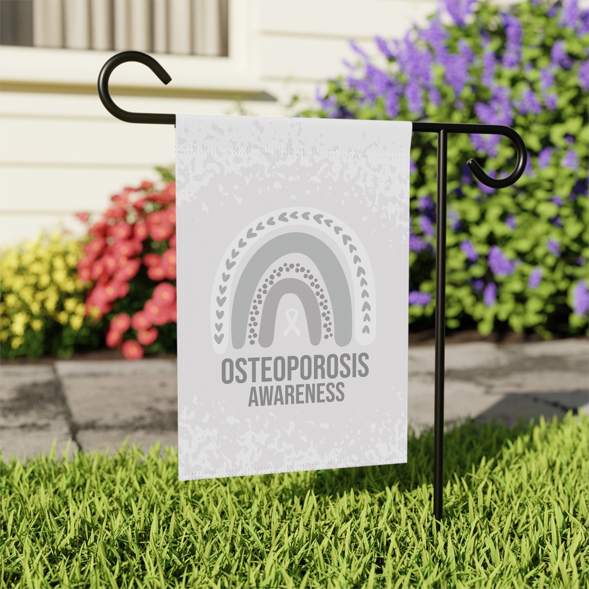 Osteoporosis Awareness Garden Flag | Welcome Sign | New Home | Decorative House Banner | White Awareness Ribbon | Support
