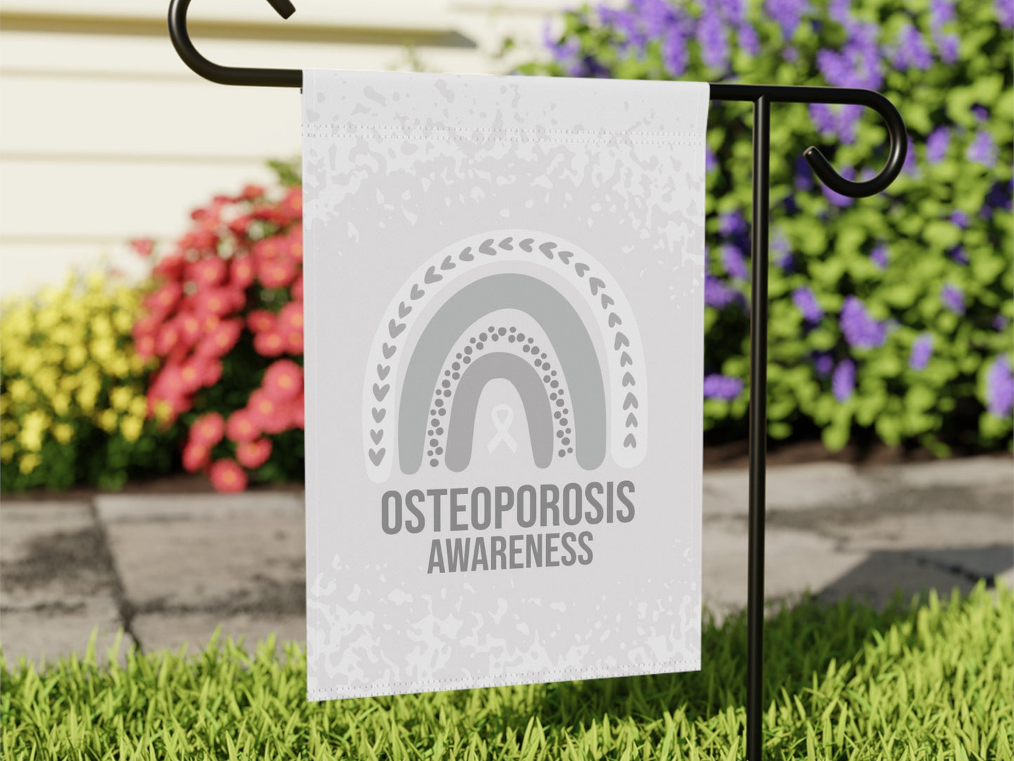 Osteoporosis Awareness Garden Flag | Welcome Sign | New Home | Decorative House Banner | White Awareness Ribbon | Support