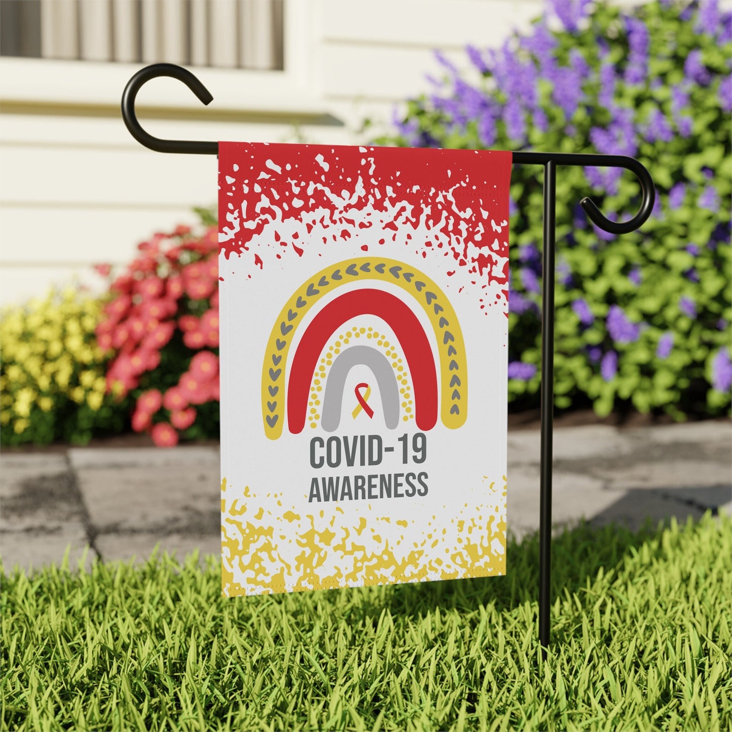 COVID-19 Awareness Garden Flag | Welcome Sign for New Home | Decorative House Banner with Red & Yellow Ribbon
