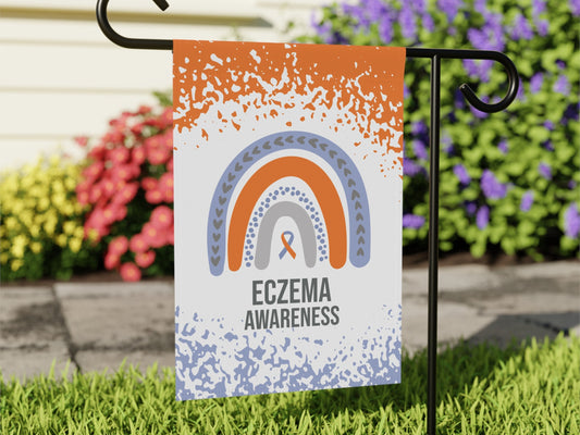 Eczema Awareness Garden Flag | Decorative House Banner with Orange & Lavender Support Ribbon | Welcome Sign for New Home