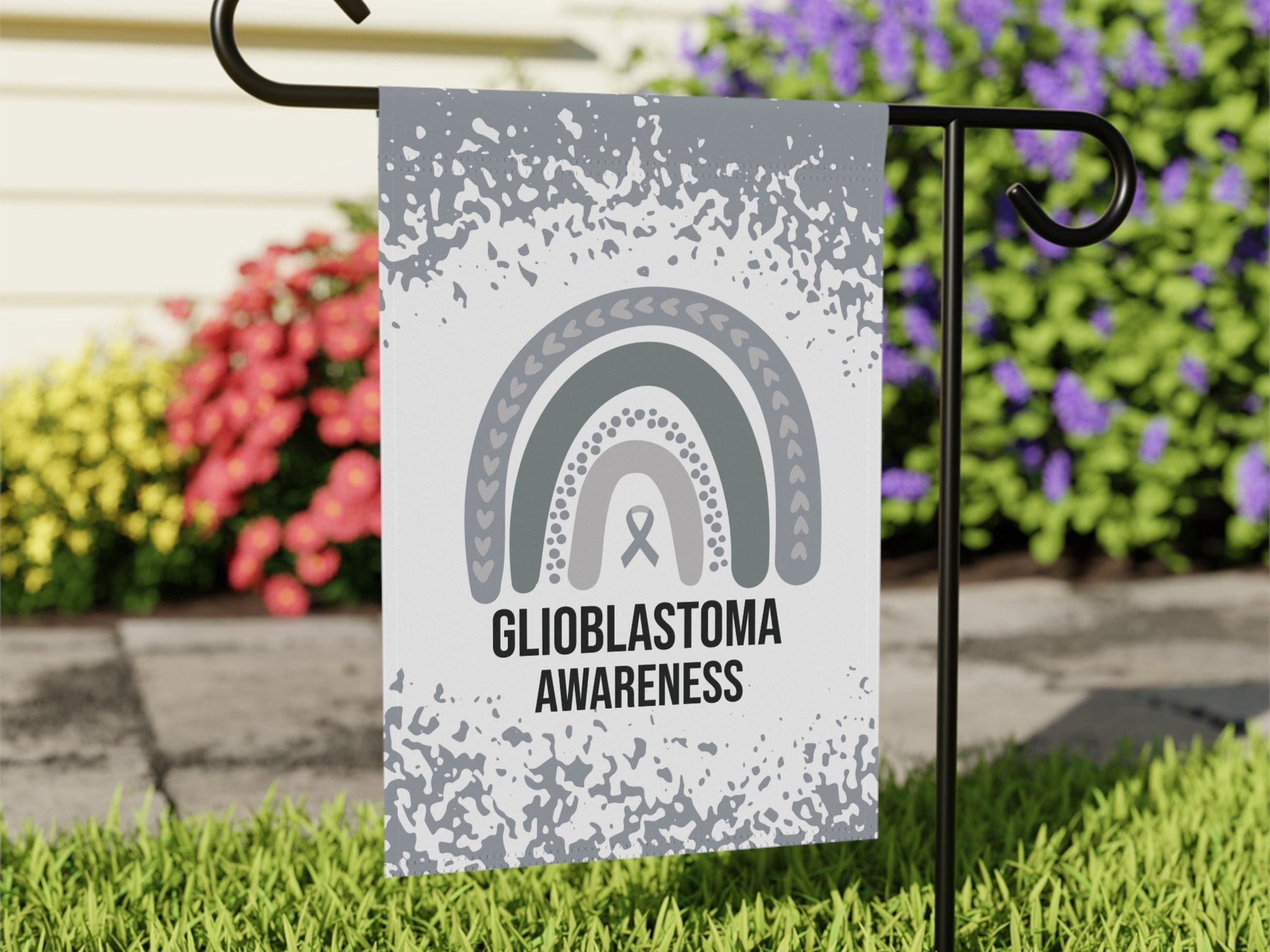 Glioblastoma Awareness Garden Flag | Silver Gray Ribbon Welcome Sign | Cancer Support Decorative Banner for New Home