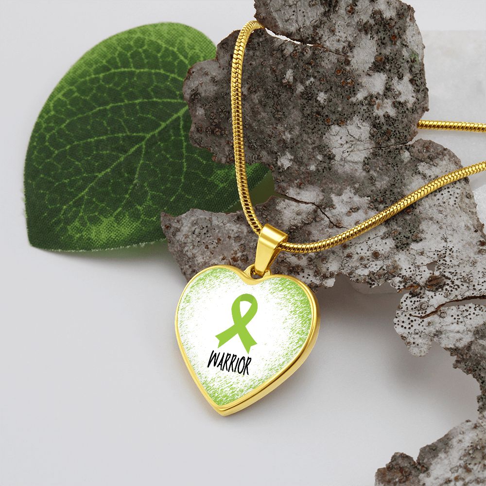 Lime Green Awareness Ribbon Necklace Gift, Heart Pendant Necklace, Snake Chain, Silver Tone, Gold Tone